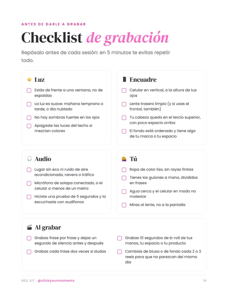 Página del checklist de grabación